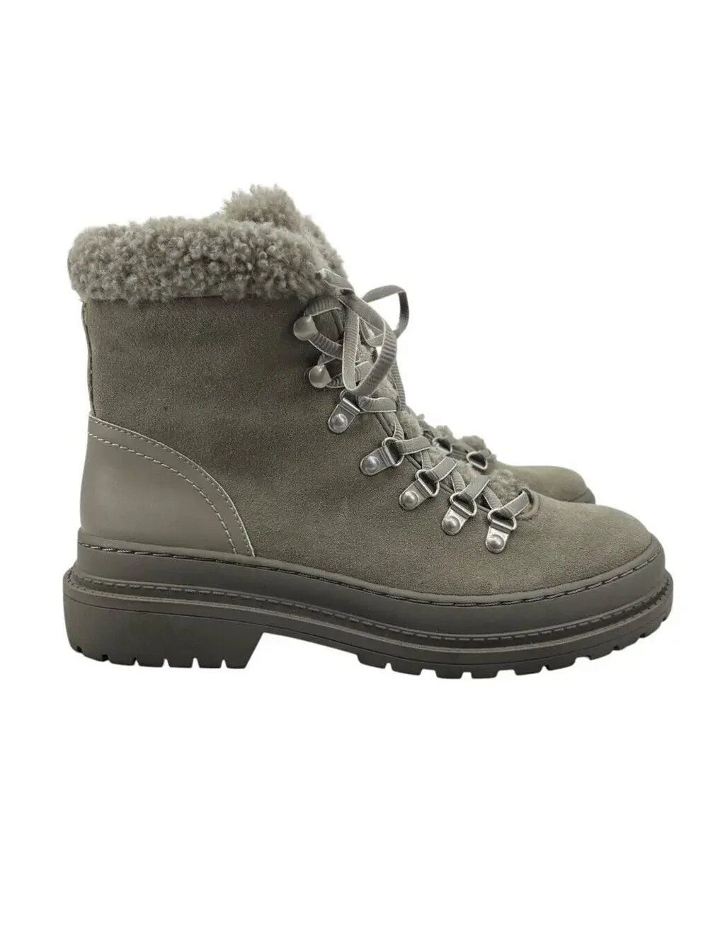 Splendid Womens 8 Boots Grey Suede Yvonne Faux Fur Trim Lace‎ Up Combat Winter
